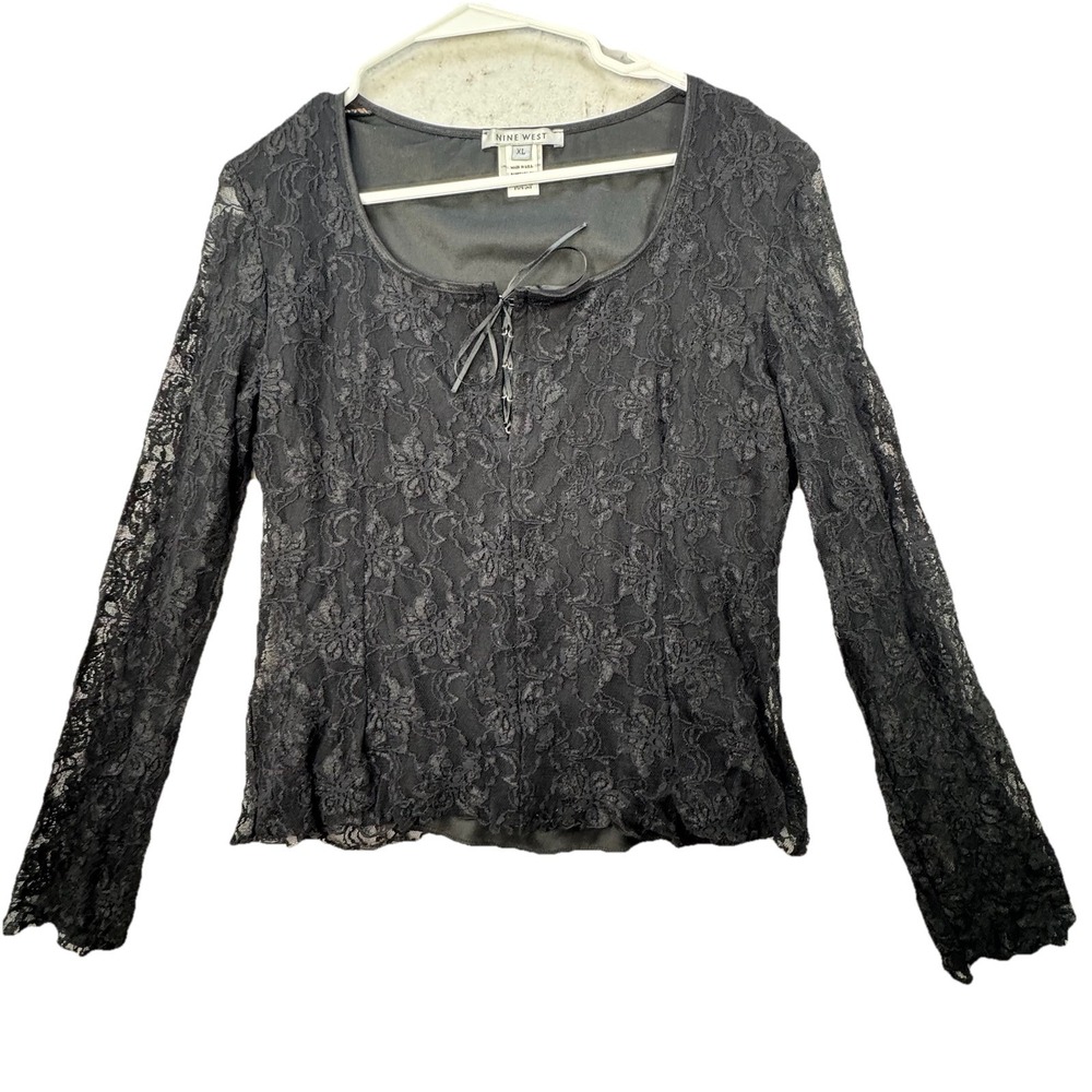 Vintage Nine West Lace Up Tie Top Black Size XL Sheer Sleeve Goth Vamp Witchy